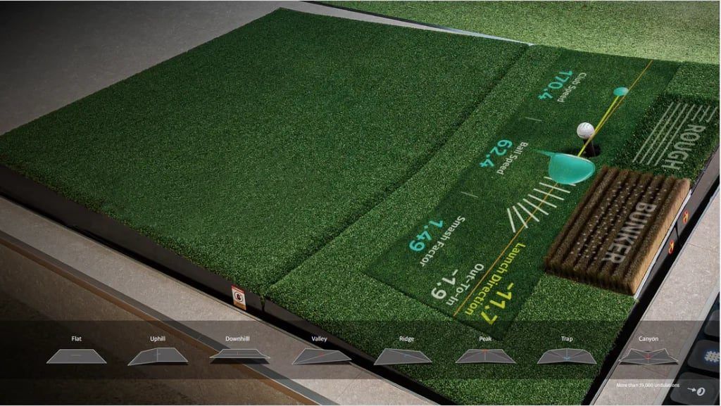 Close-up of a Golf VX Quantum hitting mat with live shot data on the surface